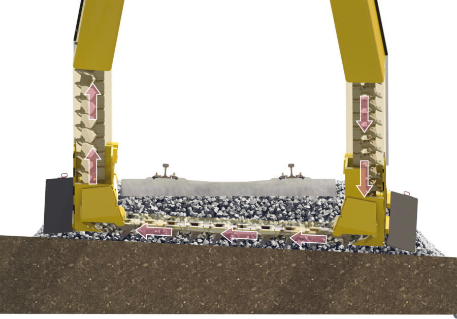Figuras arriba y abajo: La cadena de excavación guiada debajo del emparrillado de vía realiza un corte exacto en la plataforma.