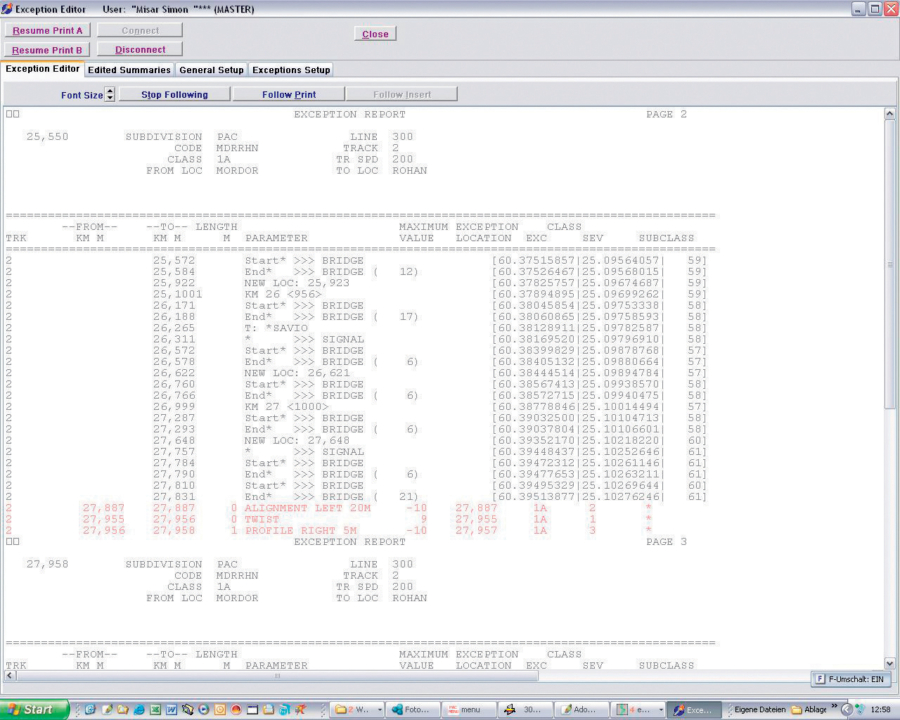 Screenshots of the exception report  and the track geometry evaluation